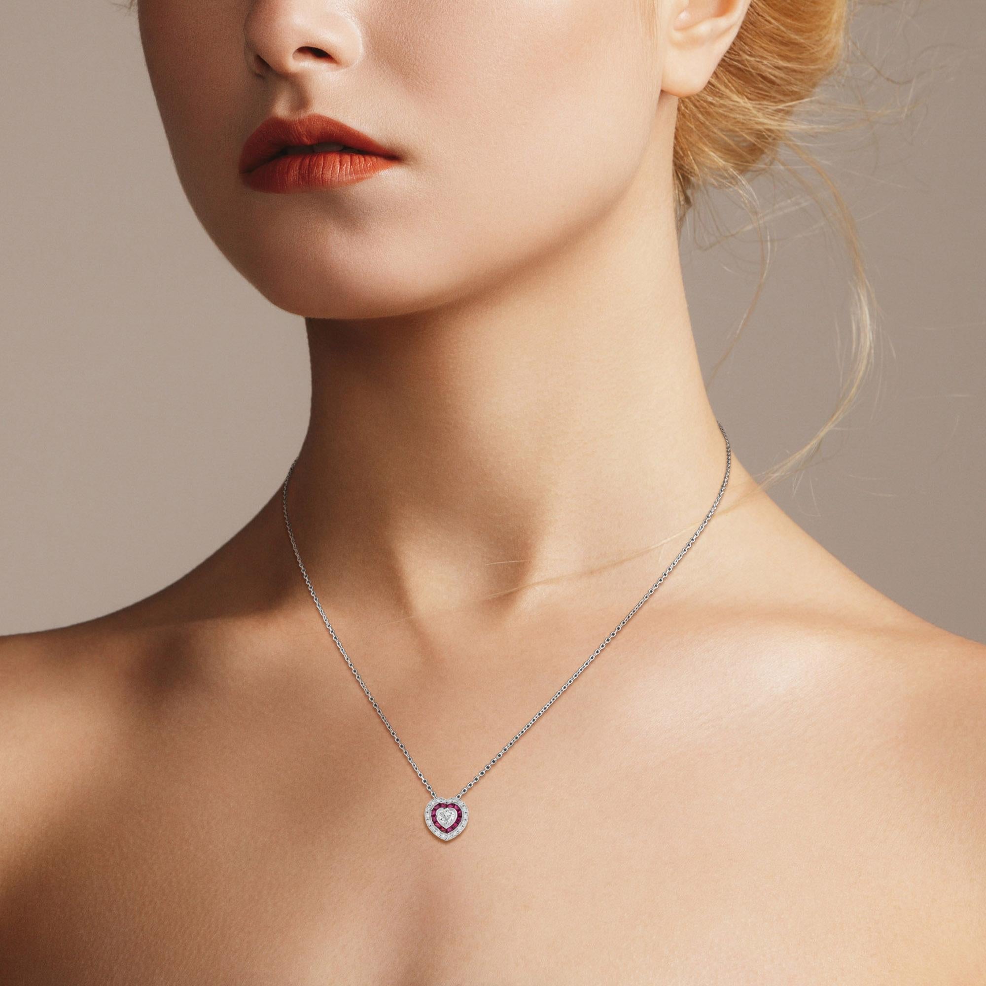 Heart Shaped Diamond and Ruby Art Deco Style Earrings Pendant Set For Sale 6