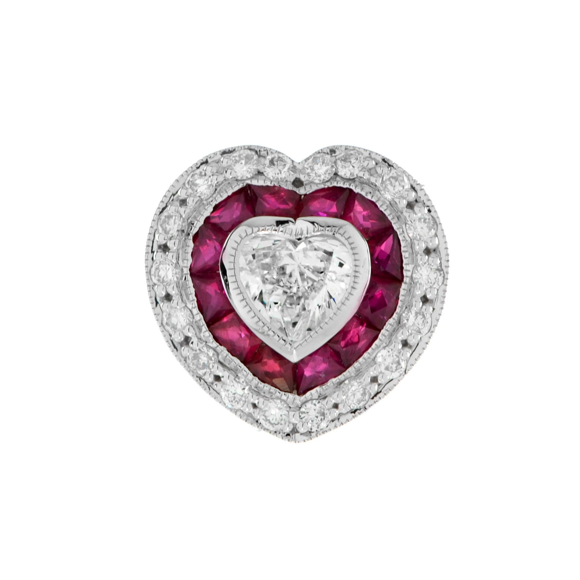 Heart Shaped Diamond and Ruby Art Deco Style Earrings Pendant Set For Sale 2