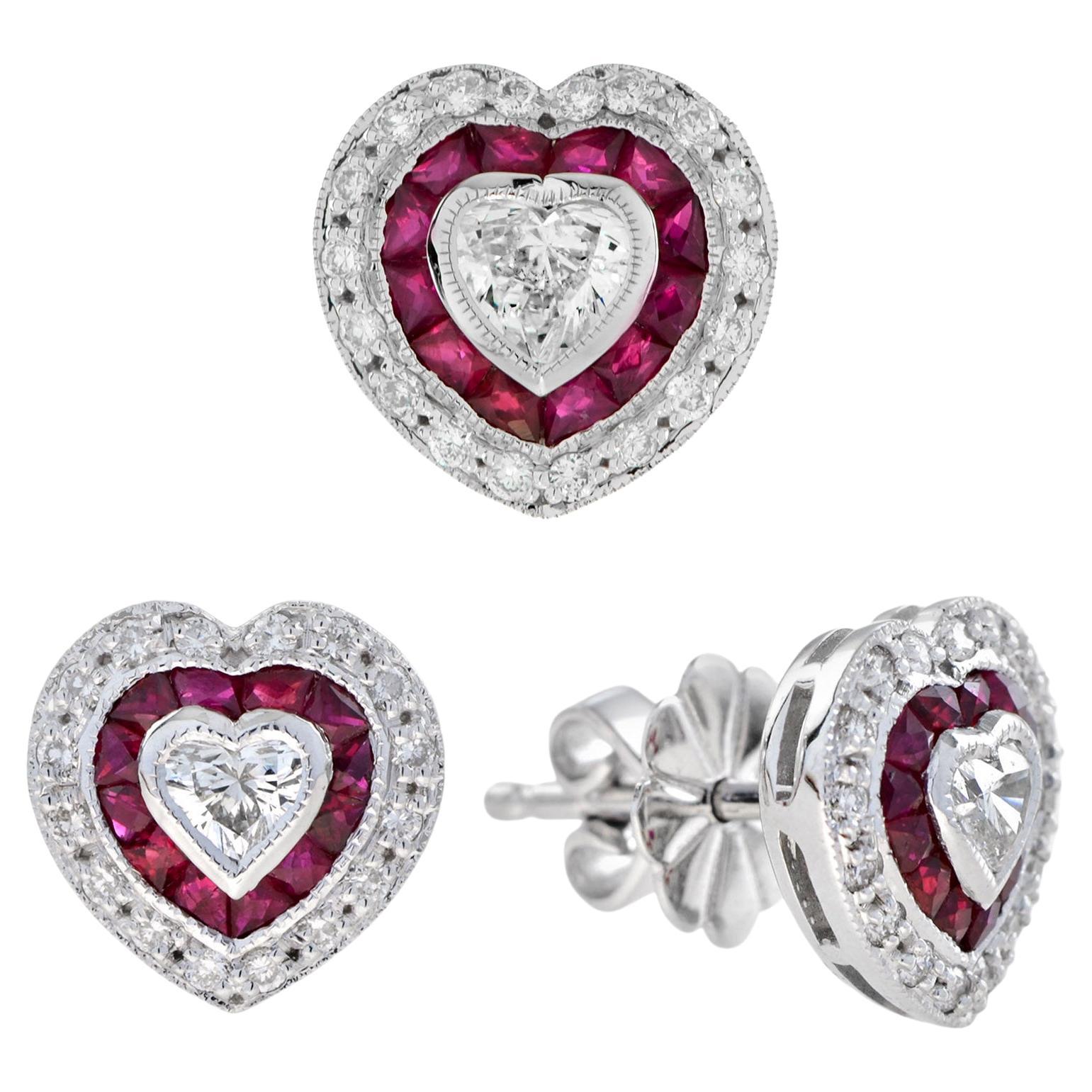 Heart Shaped Diamond and Ruby Art Deco Style Earrings Pendant Set For Sale
