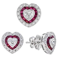 Antique Heart Shaped Diamond and Ruby Art Deco Style Earrings Pendant Set