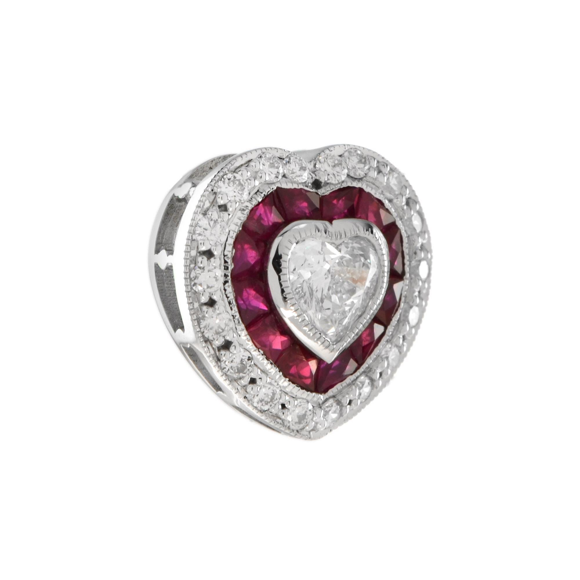 Crafted in 14k white gold, this lovely heart shaped pendant offer a beautiful combination of sophistication and charm. The center heart shaped diamonds weigh .25 carat and grade G color, VS clarity. A frame of French cut rubies, and additional .11