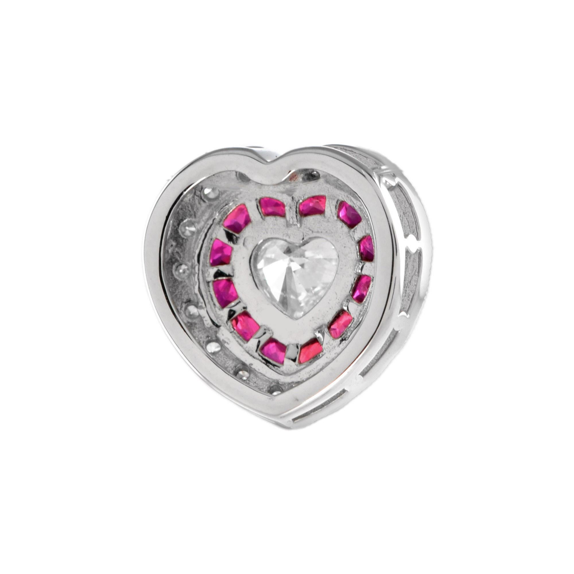 Heart Cut Heart Shaped Diamond and Ruby Art Deco Style Pendant in 14K White Gold For Sale