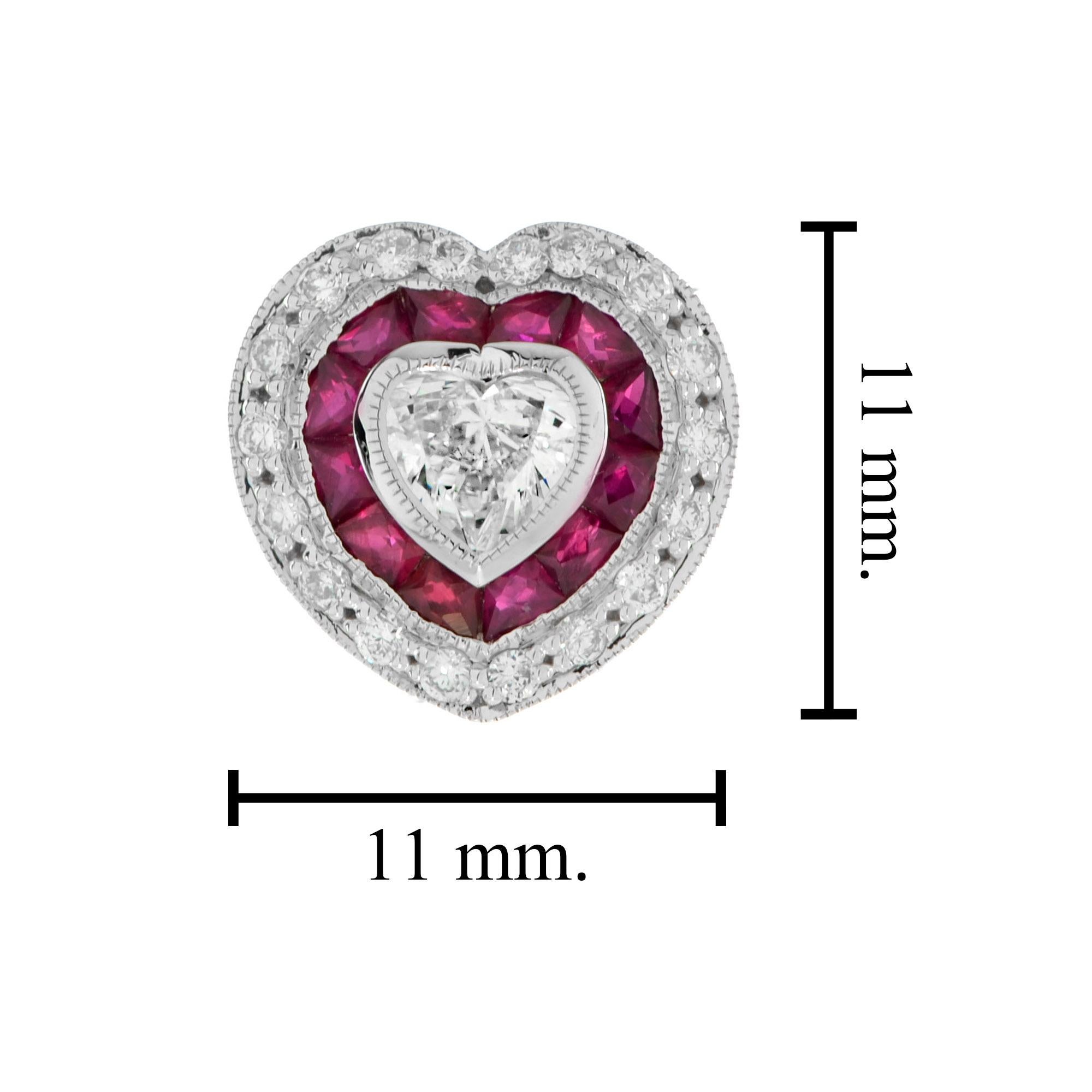 Heart Shaped Diamond and Ruby Art Deco Style Pendant in 14K White Gold In New Condition For Sale In Bangkok, TH