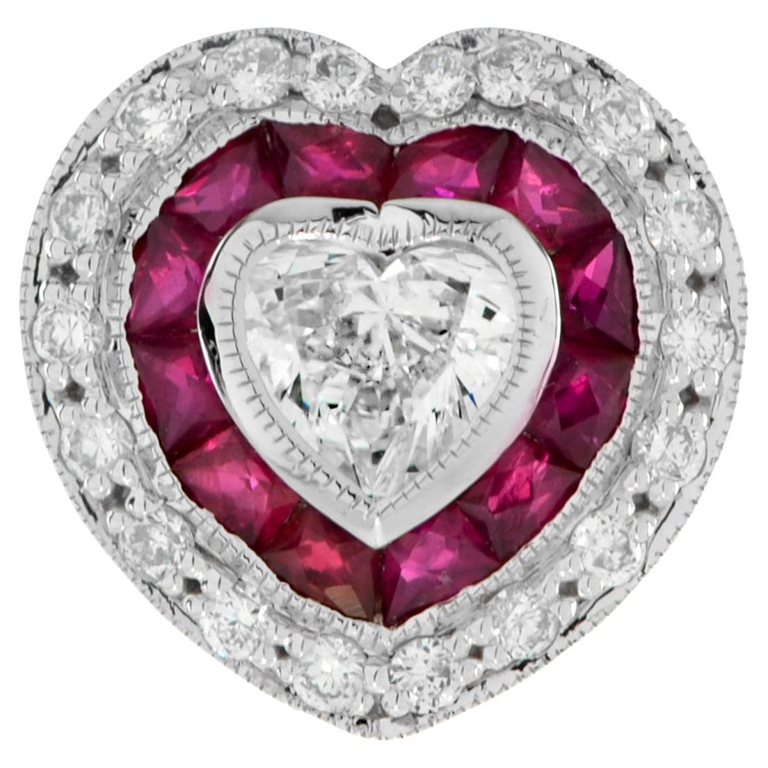Heart Shaped Diamond and Ruby Art Deco Style Pendant in 14K White Gold For Sale