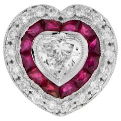 Heart Shaped Diamond and Ruby Art Deco Style Pendant in 14K White Gold