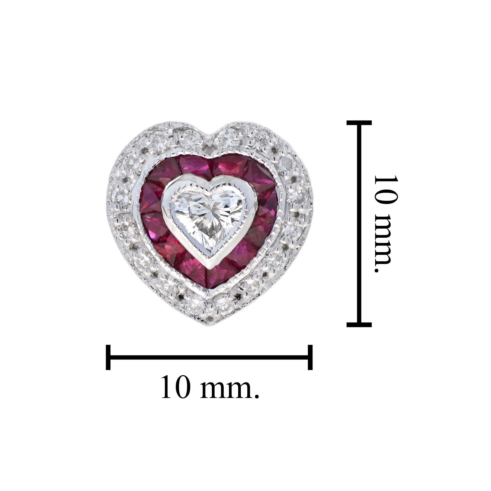 Heart Cut Heart Shaped Diamond and Ruby Art Deco Style Stud Earrings in 14K White Gold For Sale