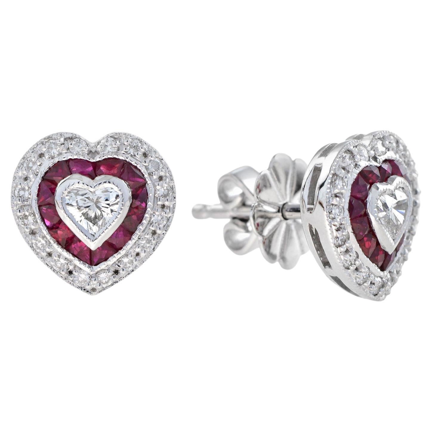 Heart Shaped Diamond and Ruby Art Deco Style Stud Earrings in 14K White Gold