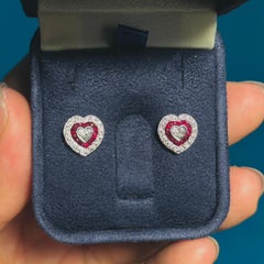 Heart Shaped Diamond and Ruby Art Deco Style Stud Earrings in 18K White Gold