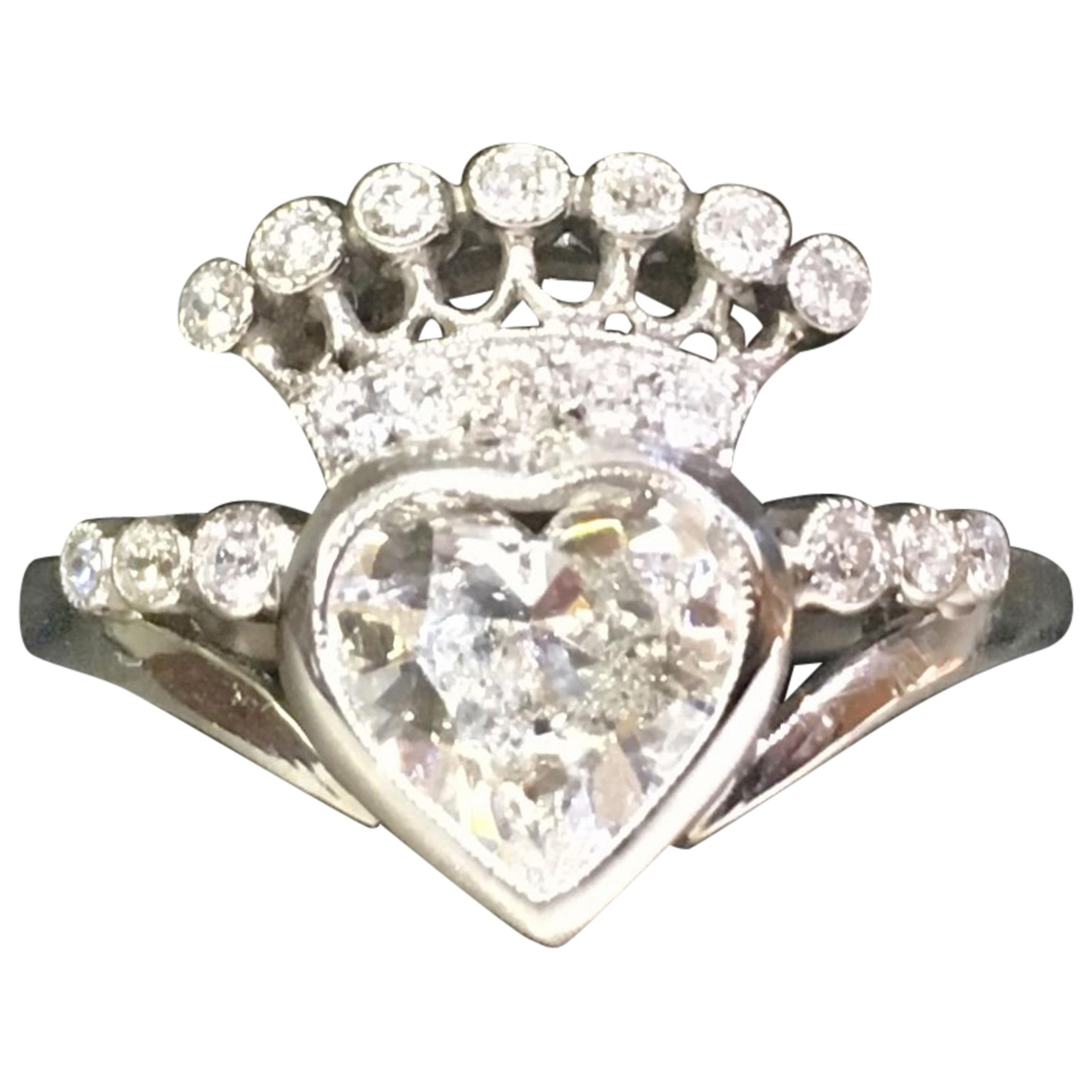 Heart Shaped Diamond Crown Ring in Platinum 1.00 Carat For Sale