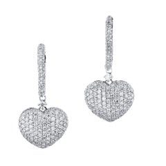 Heart Shaped Diamond Pave Drop Earrings White Gold