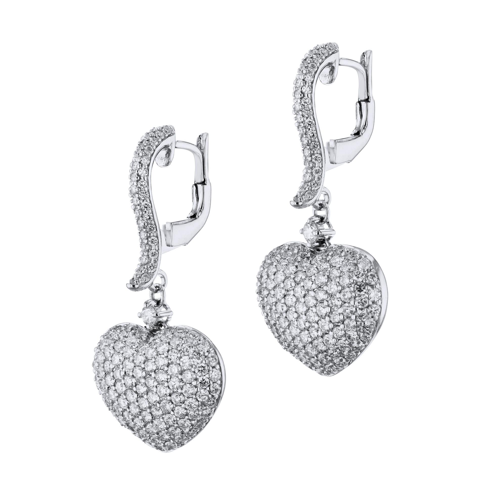  Heart Shaped Diamond Pave Drop Earrings White Gold  In New Condition For Sale In Miami, FL
