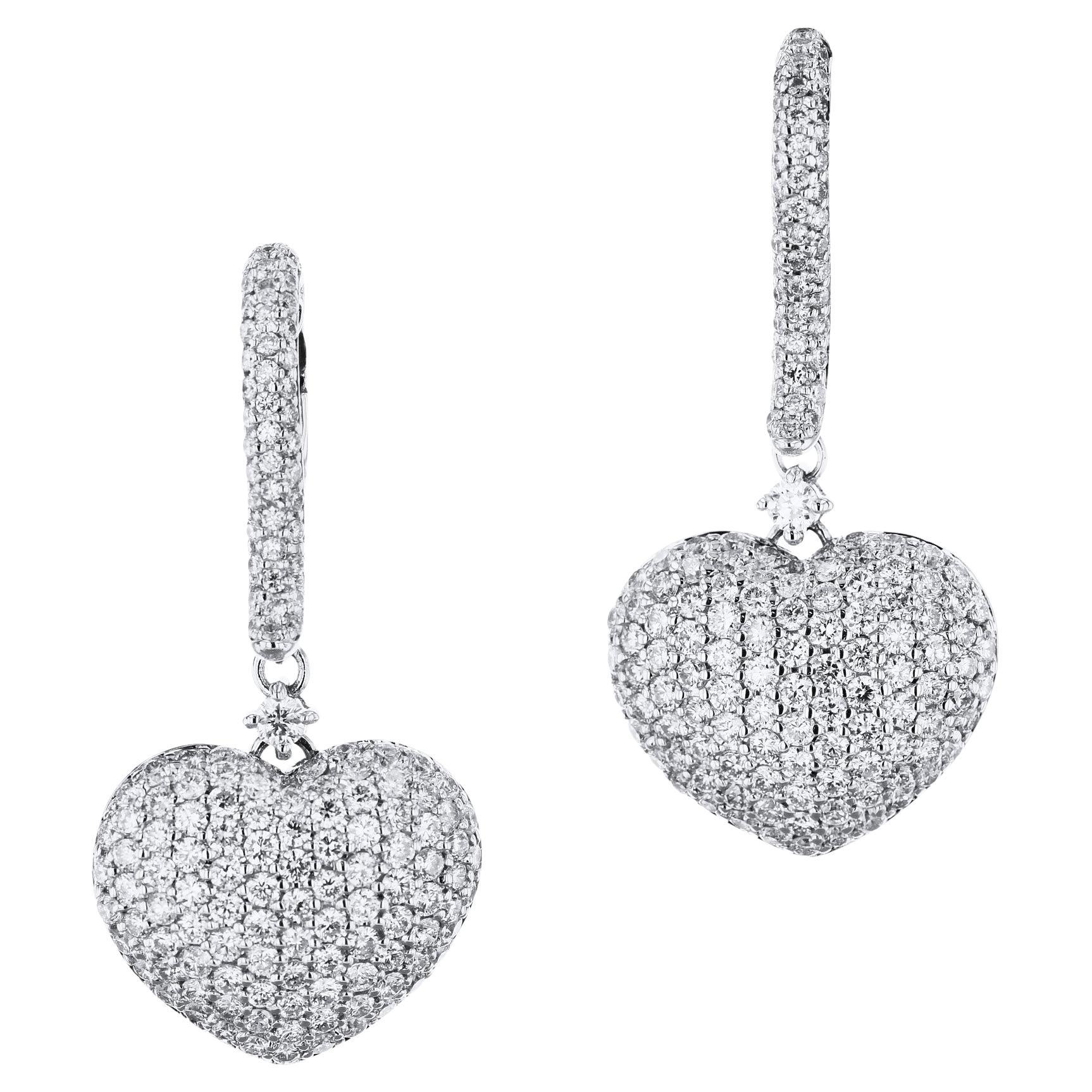  Heart Shaped Diamond Pave Drop Earrings White Gold  For Sale