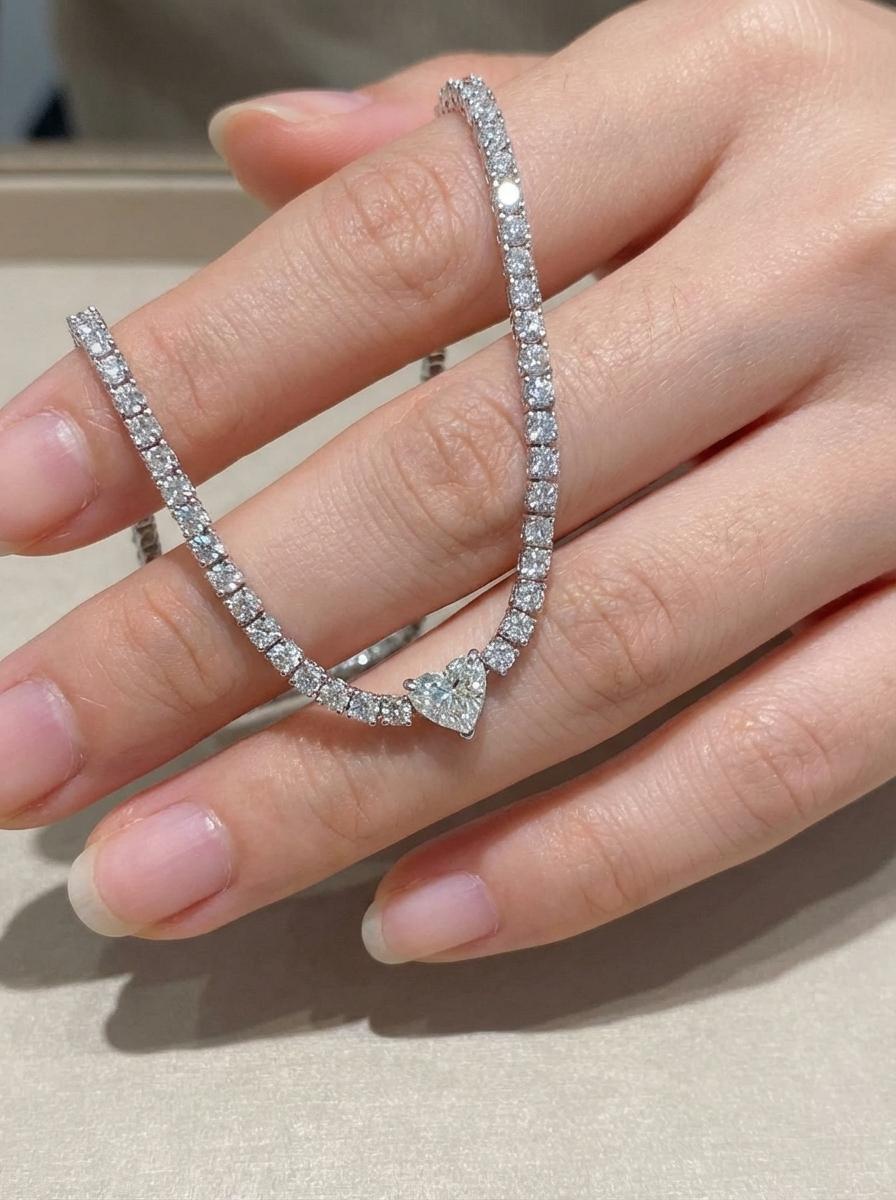 Collier de tennis en or blanc 18 carats avec pendentif en forme de cœur et diamant de 8 carats Excellent état - En vente à Chicago, IL