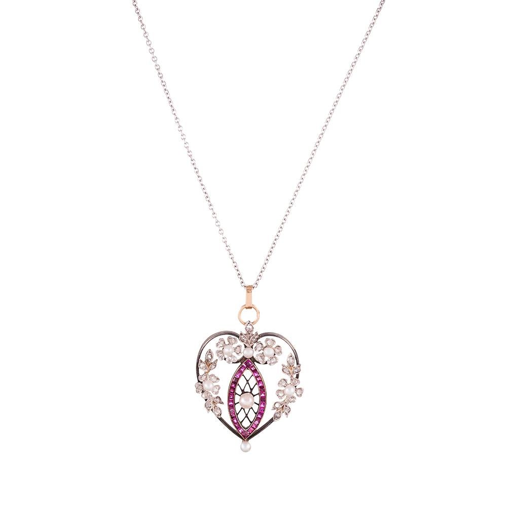 Mixed Cut Heart-Shaped Edwardian Pearl Ruby Diamond Pendant