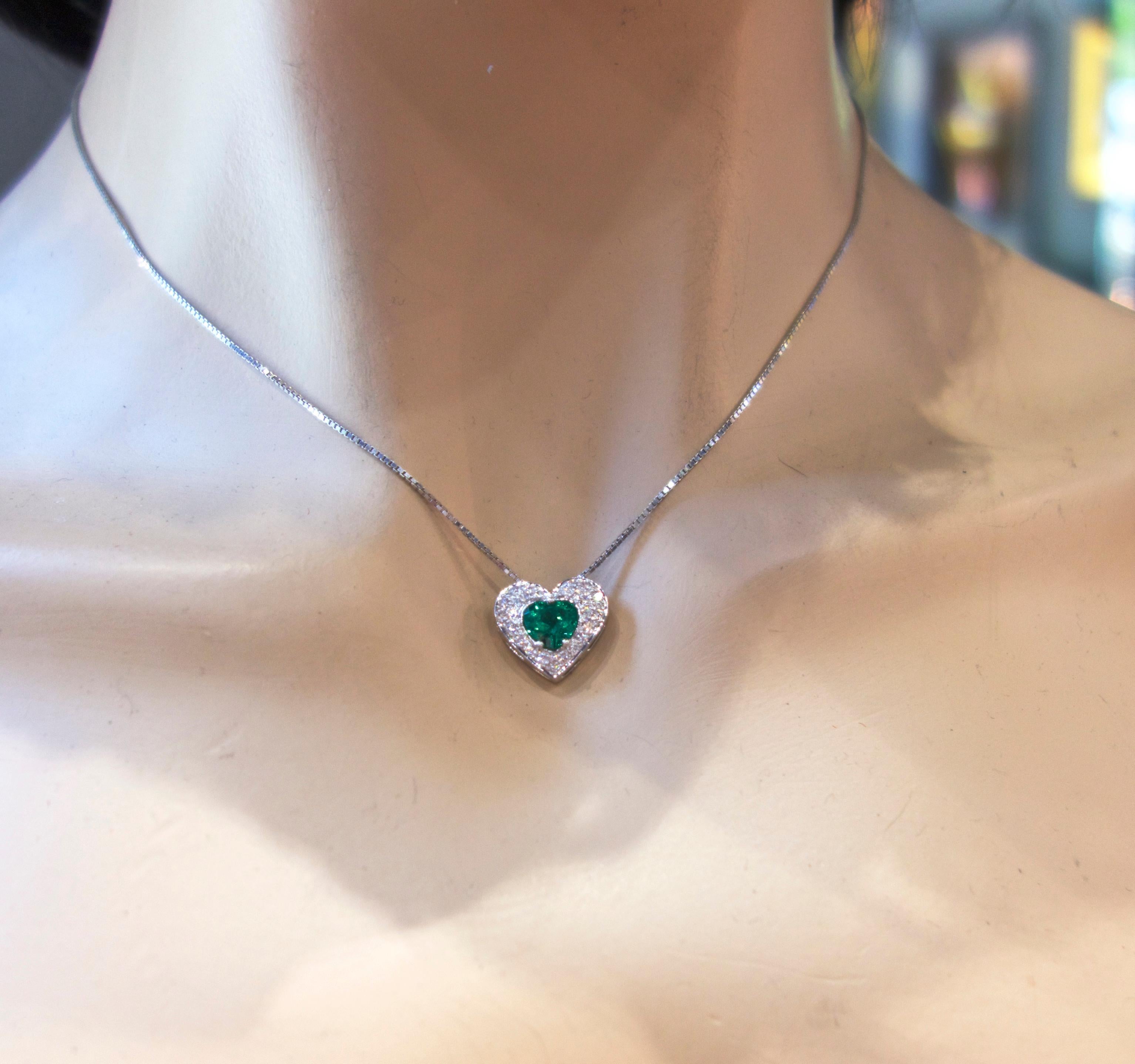Women's or Men's Heart Shaped Emerald and Diamond Pendant