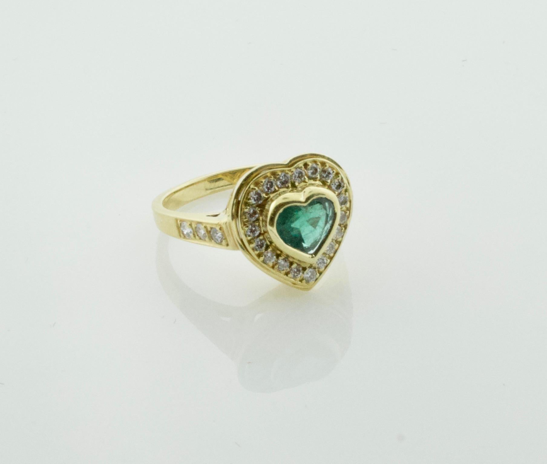 Heart Cut Heart Shaped Emerald and Diamond Ring in 18 Karat Yellow Gold For Sale