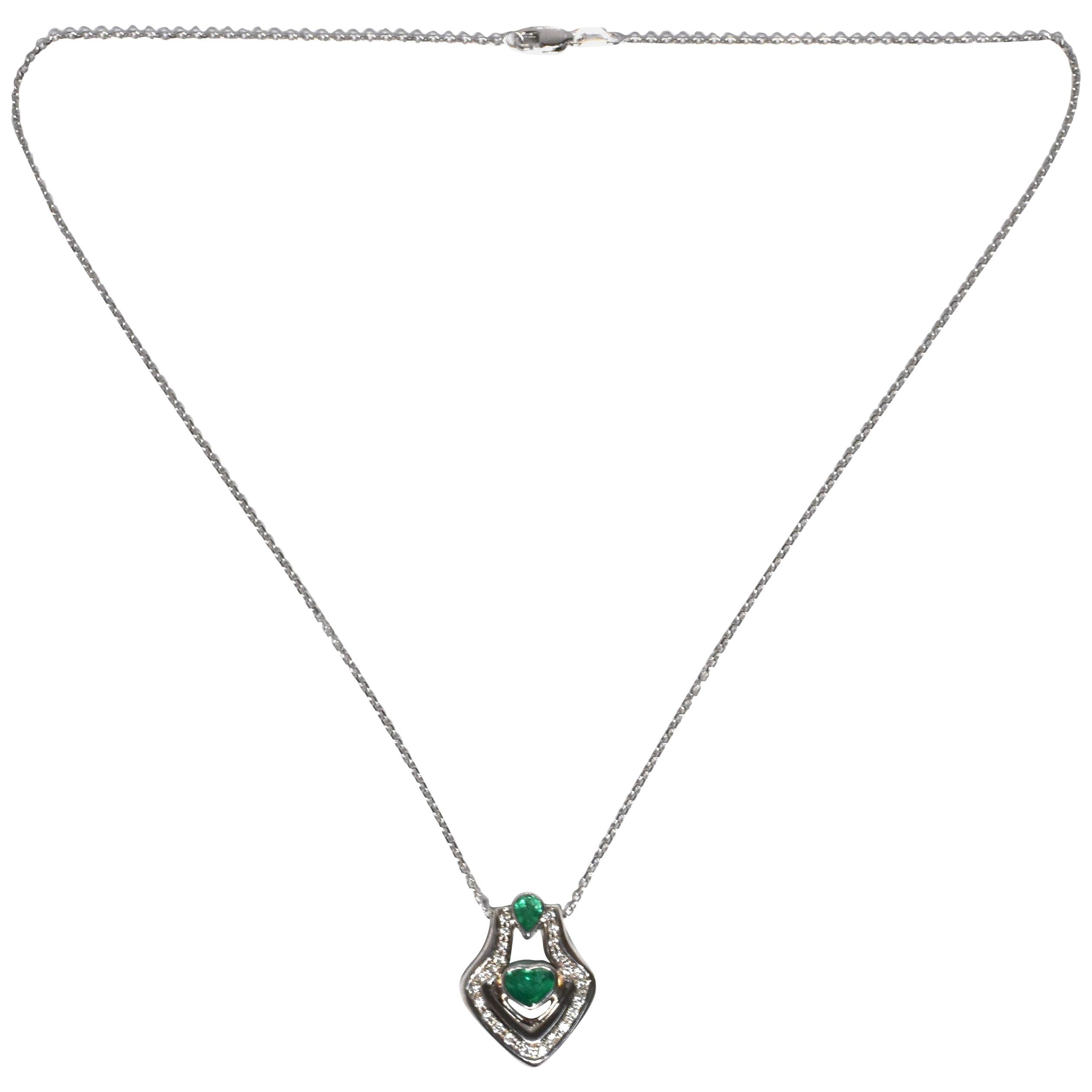 Heart Shaped Emerald and Diamond White Gold Pendant Necklace For Sale