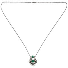 Heart Shaped Emerald and Diamond White Gold Pendant Necklace