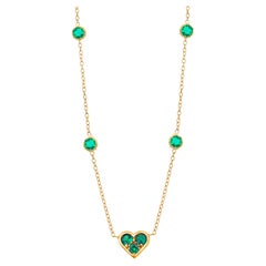 Heart Shaped Emerald Charm and Four Bezel Emerald Stations Gold Necklace Pendant