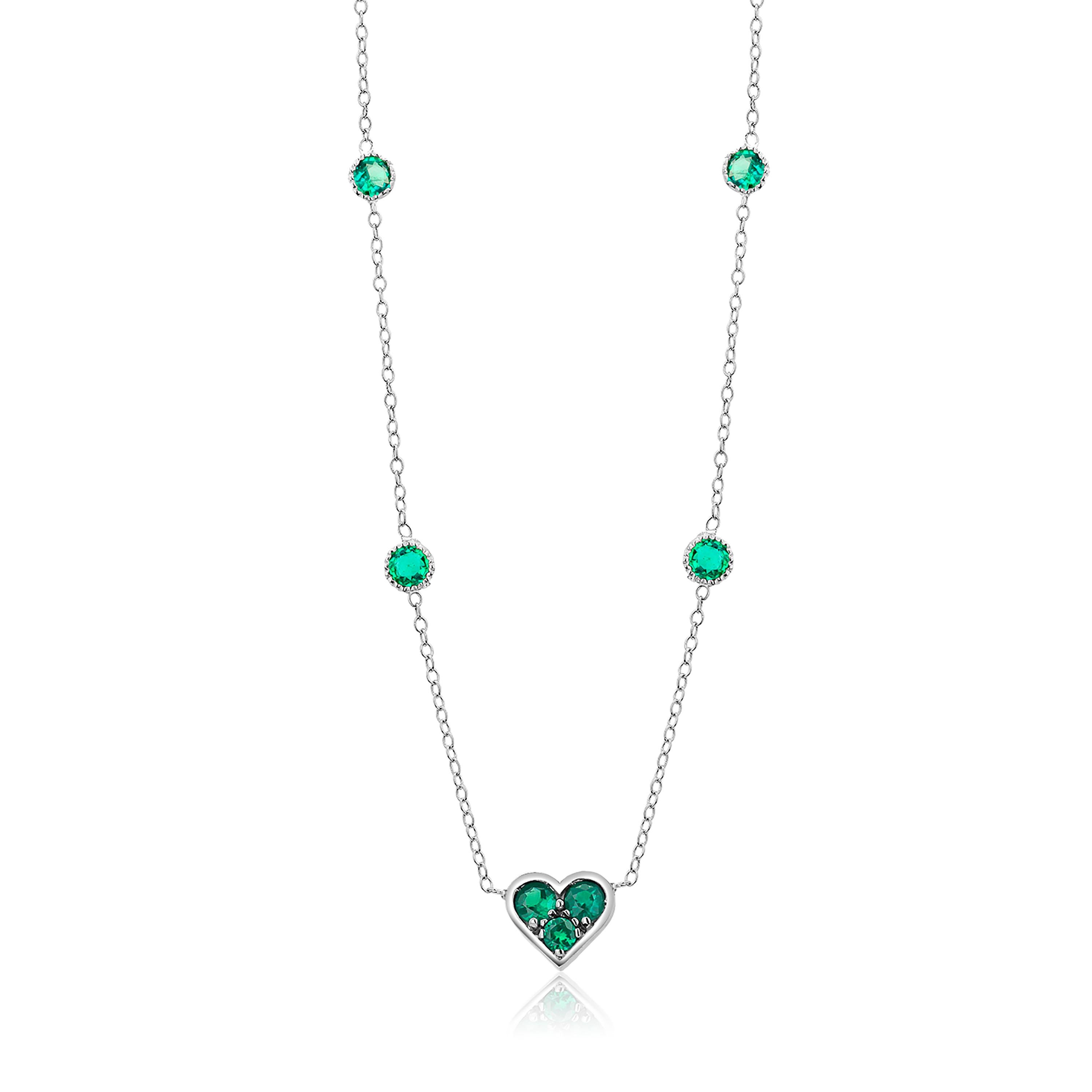 Round Cut Heart Shaped Emerald Charm Four Bezel Emerald Stations Gold Necklace Pendant