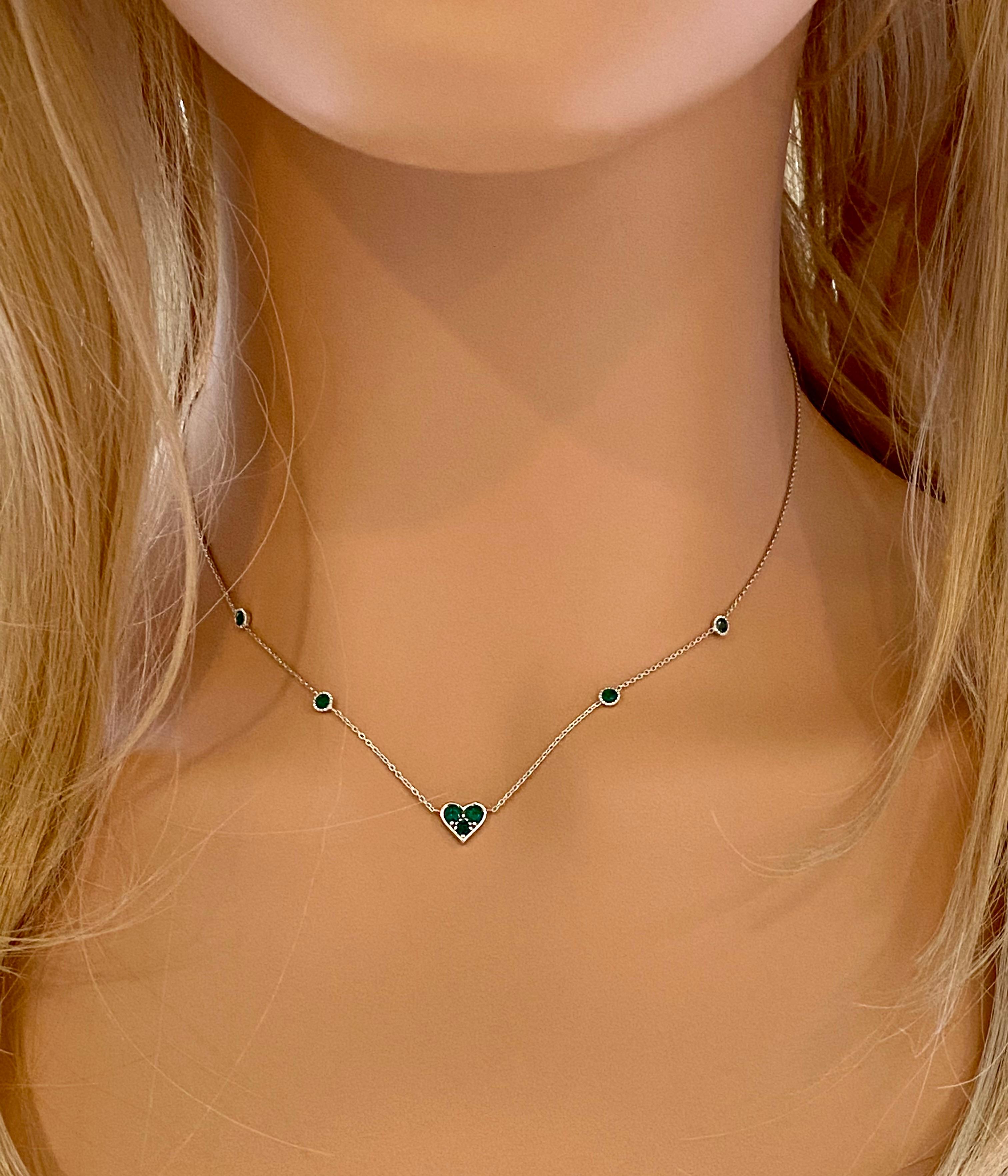 Modernist Heart Shaped Emerald Charm Four Bezel Emerald Stations Gold Necklace Pendant