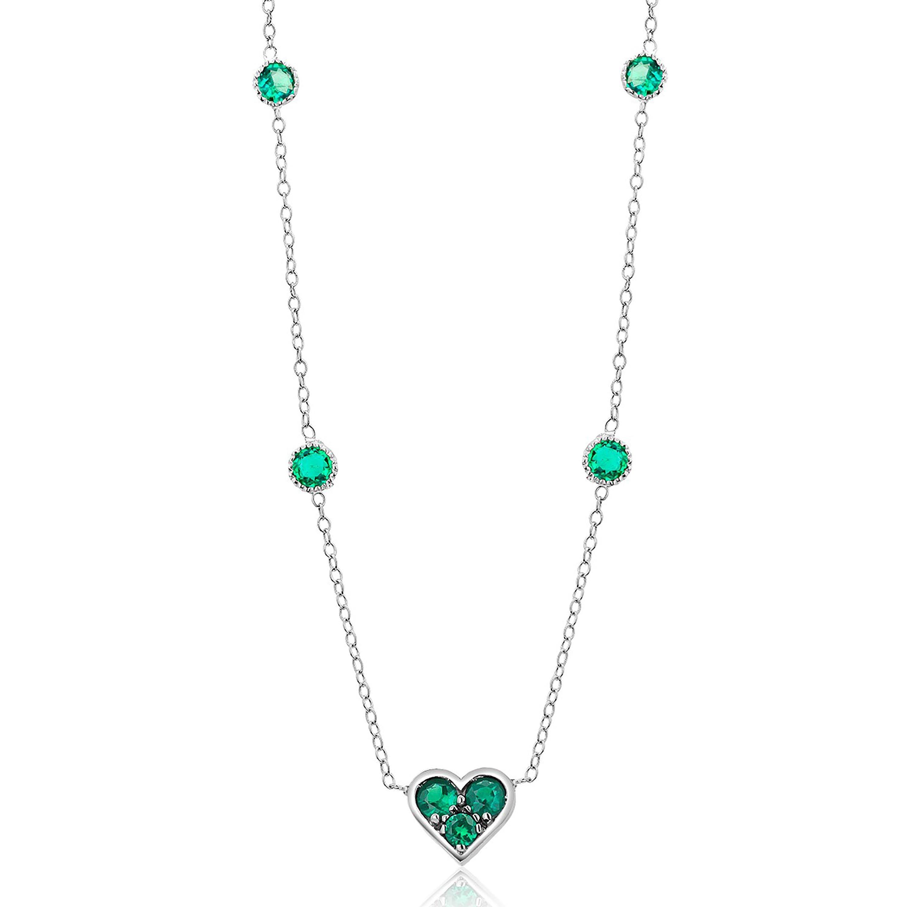Women's or Men's Heart Shaped Emerald Charm Four Bezel Emerald Stations Gold Necklace Pendant