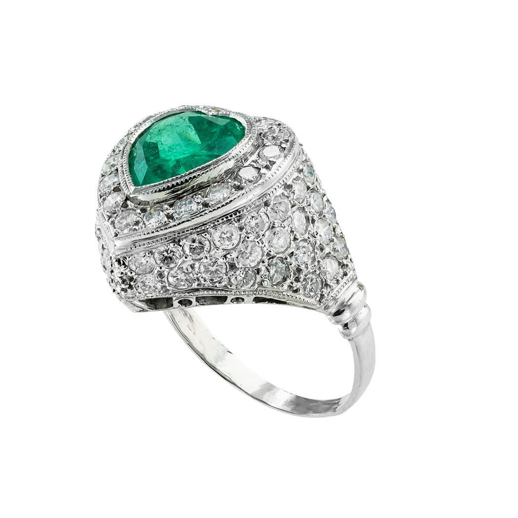 Modern Heart Shaped Emerald Diamond Platinum Ring For Sale