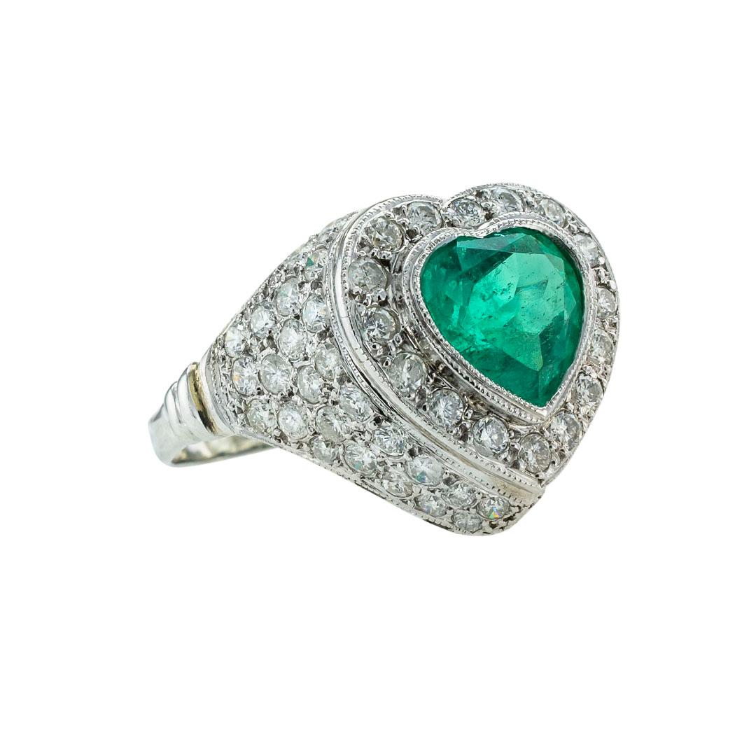 Heart Cut Heart Shaped Emerald Diamond Platinum Ring For Sale