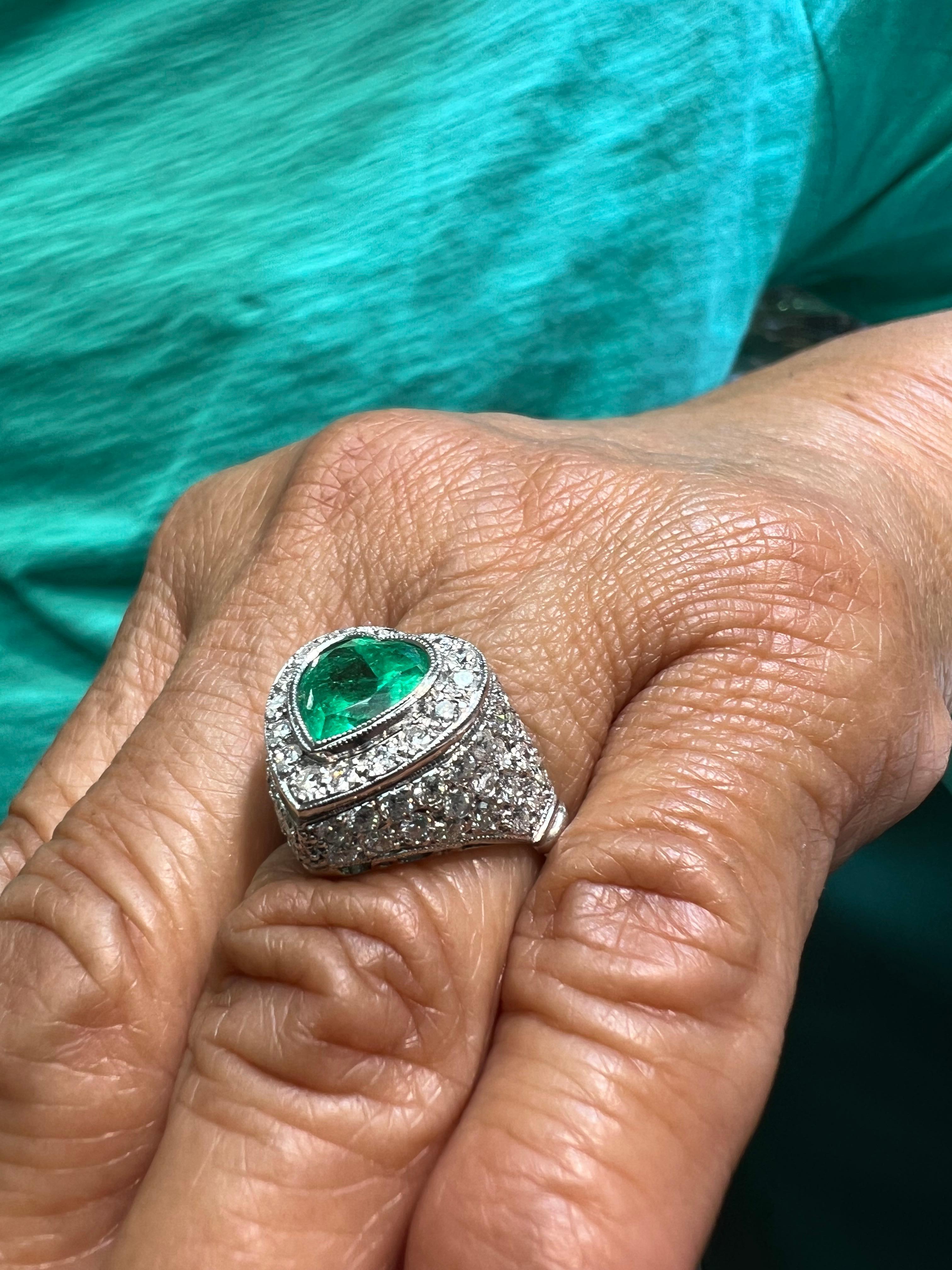 Heart Shaped Emerald Diamond Platinum Ring For Sale 2