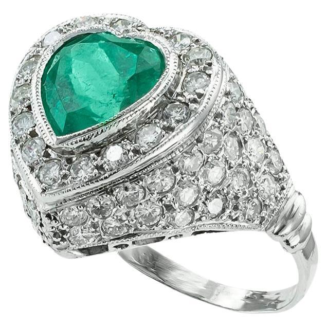 Heart Shaped Emerald Diamond Platinum Ring
