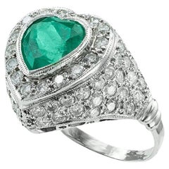 Retro Heart Shaped Emerald Diamond Platinum Ring