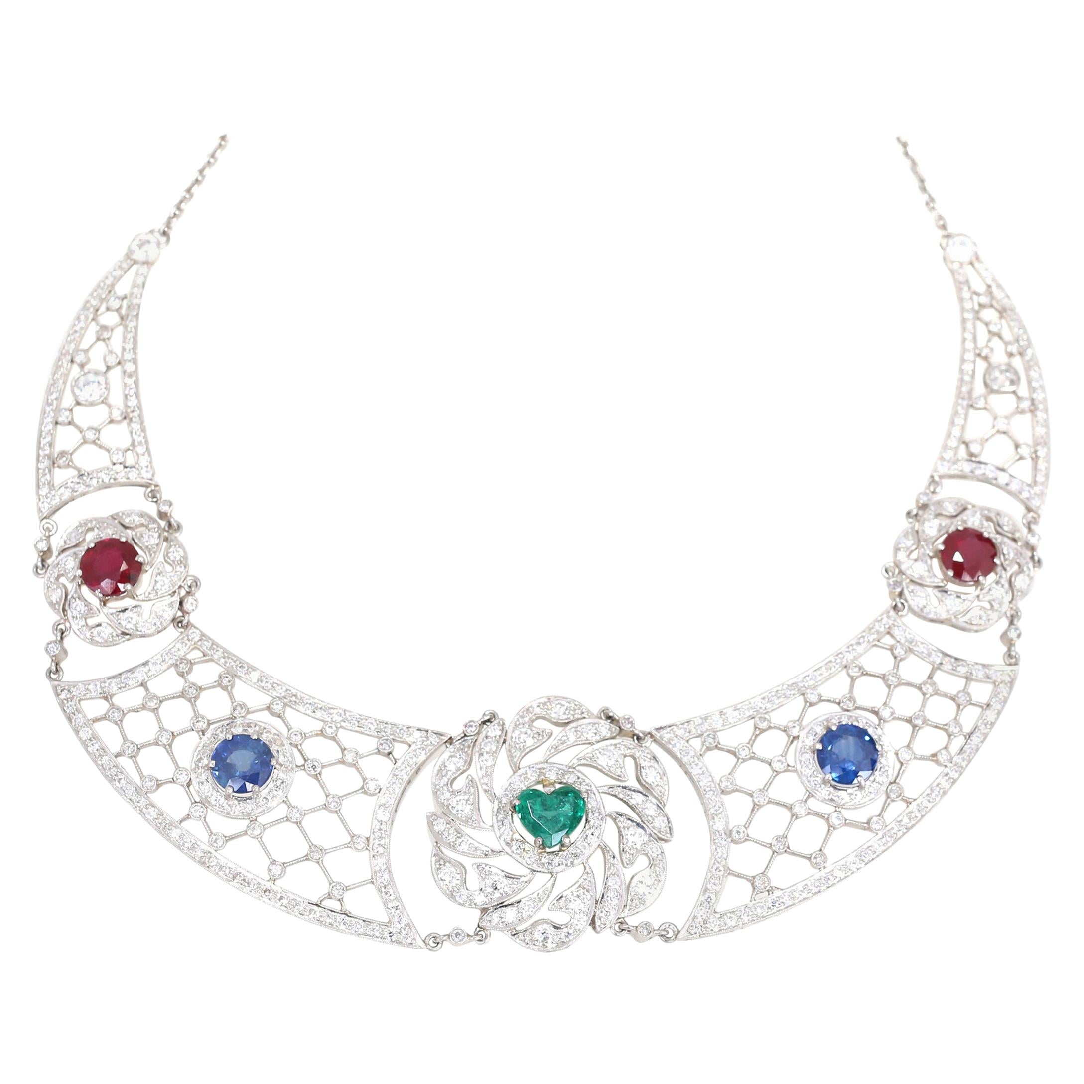 Heart-Shaped Emerald Sapphires Rubies Diamond Art Deco Platinum Necklace, 1920