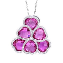 Heart Shaped Faceted Pink Quartz Cluster Pendant Necklace 1 Carat Diamond Mount