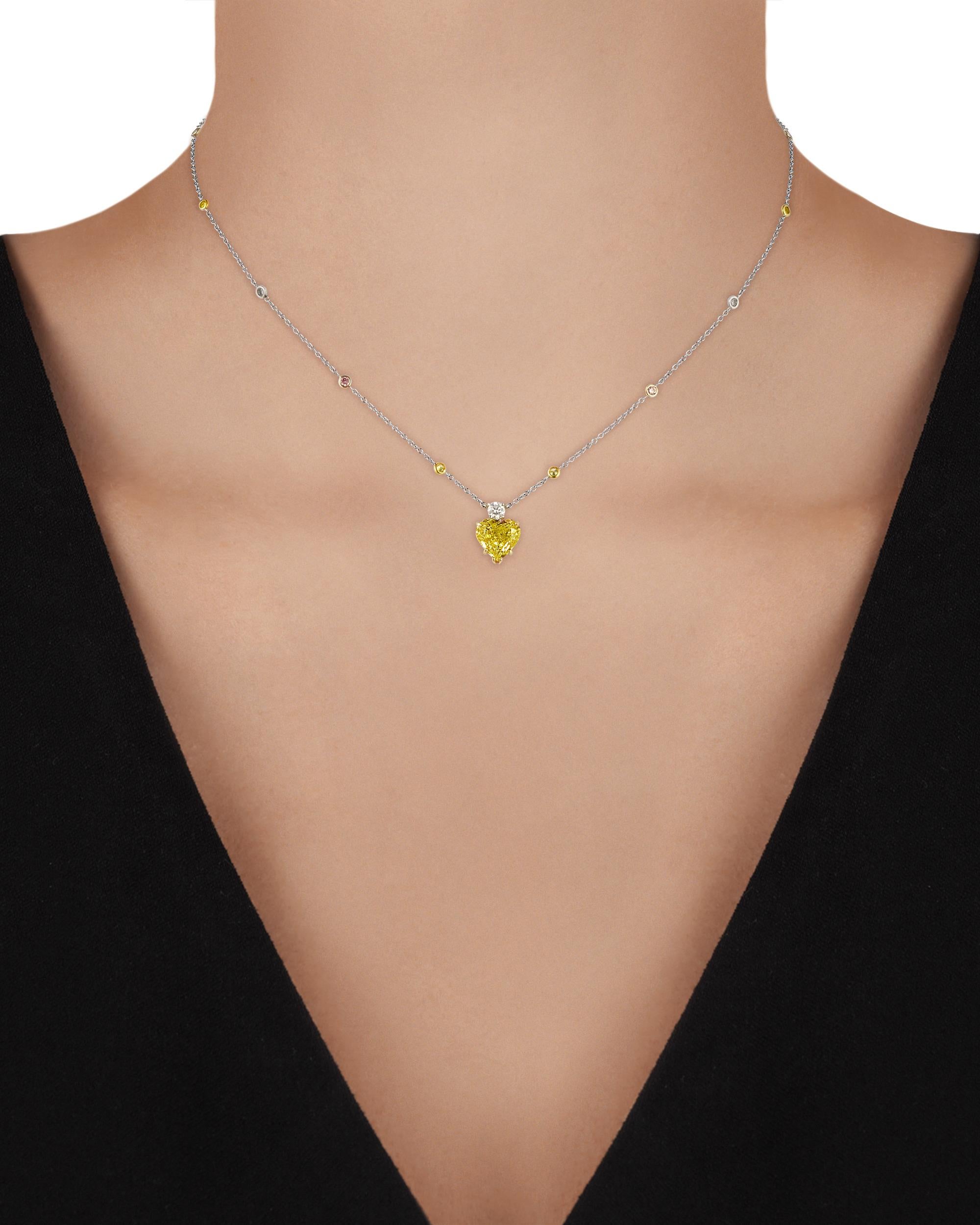 Modern Heart-Shaped Fancy Vivid Yellow Diamond Pendant, 2.42 Carats For Sale