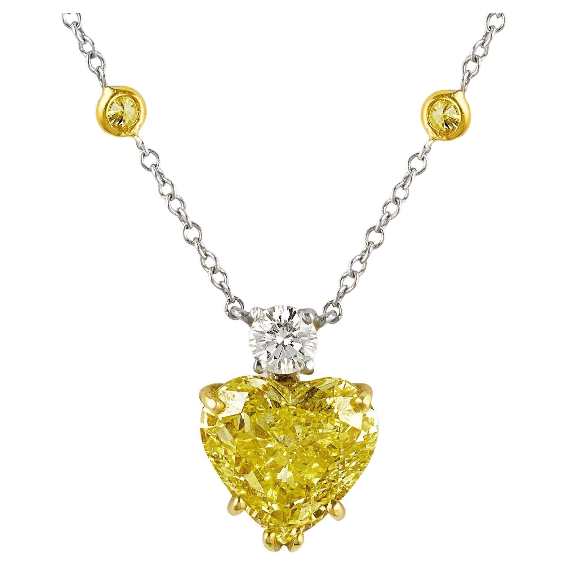 Heart-Shaped Fancy Vivid Yellow Diamond Pendant, 2.42 Carats For Sale