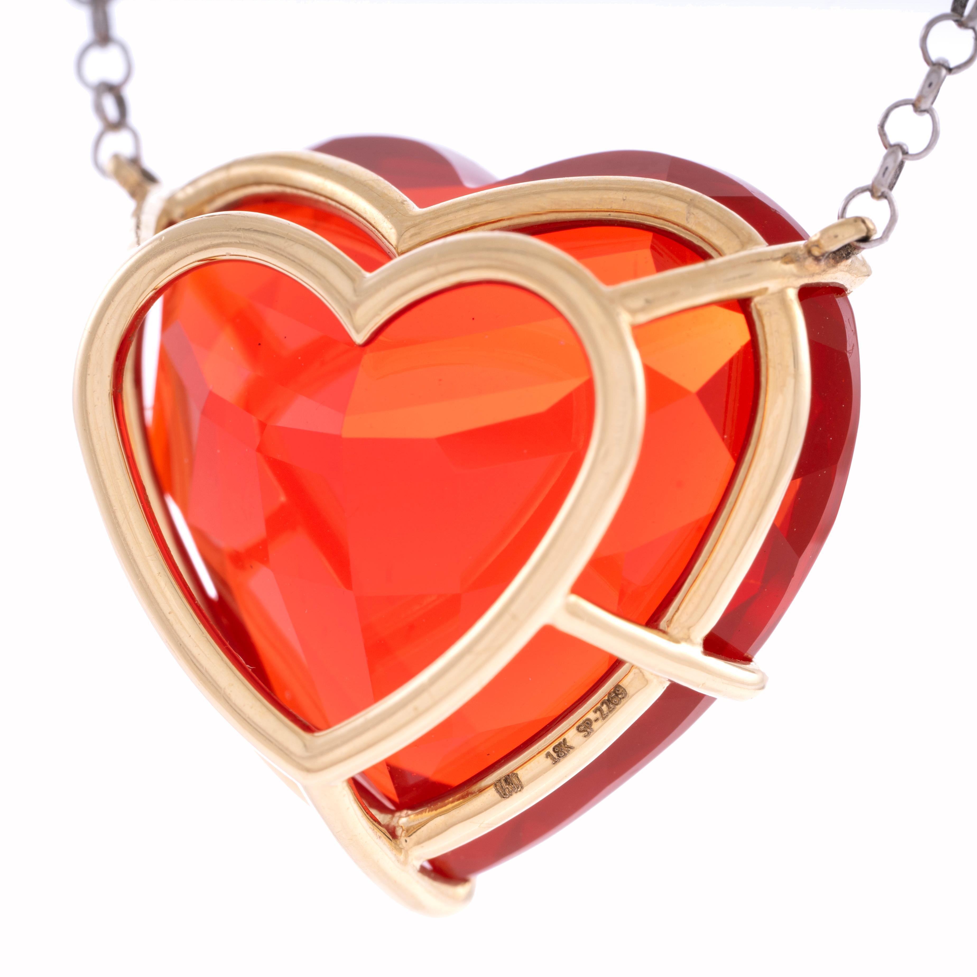 Heart Shaped Fire Opal 18.31ct & Diamond Necklace In New Condition For Sale In Carmel-by-the-Sea, CA