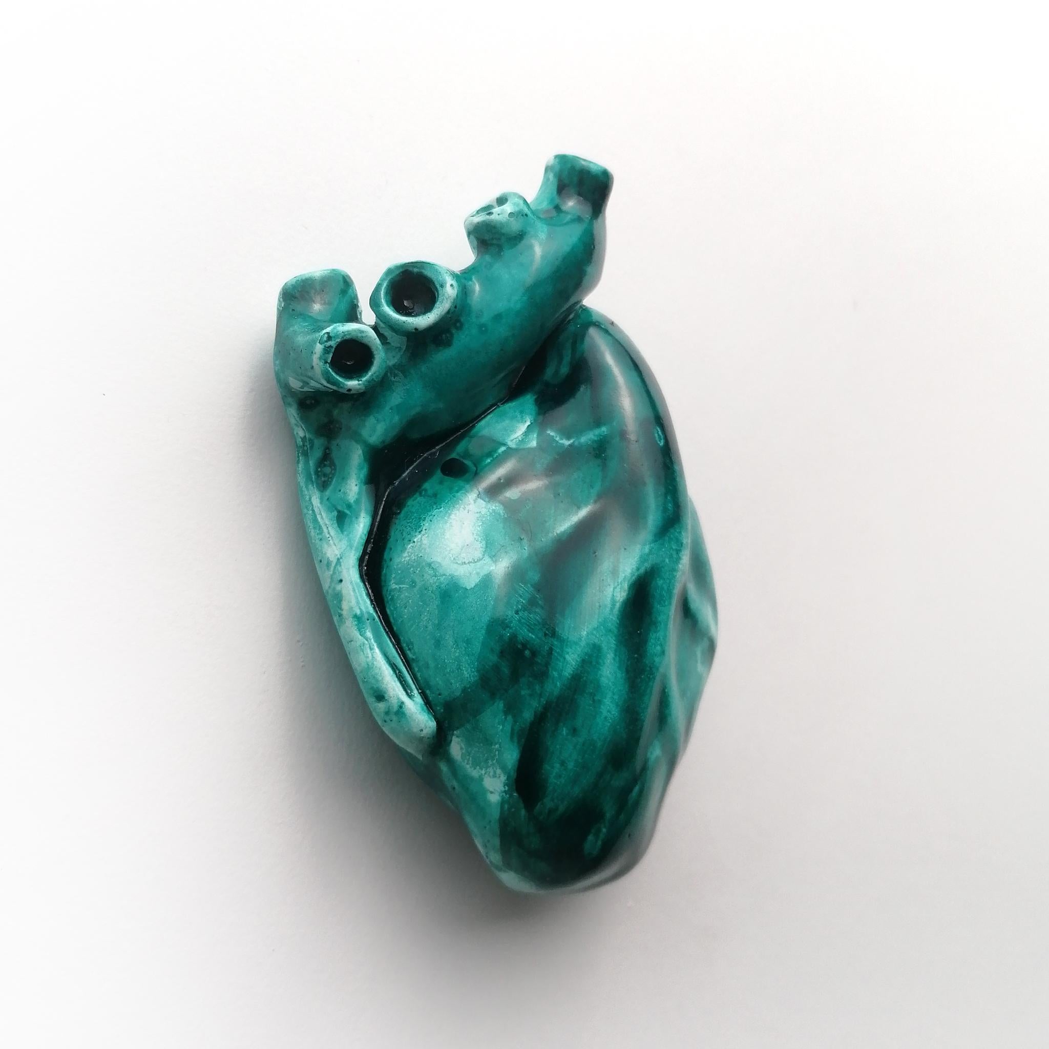 Modern Heart Shaped Green Watercolor, 2022, Handmade in Italy, Anatomical Heart For Sale