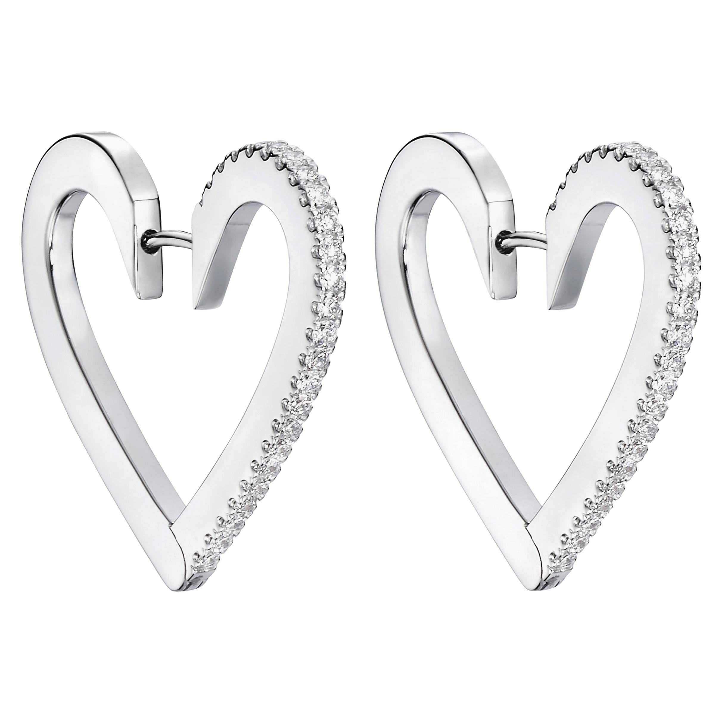 Heart Shaped Hoop Earrings, 18 Karat White Gold and White Diamonds, Medium