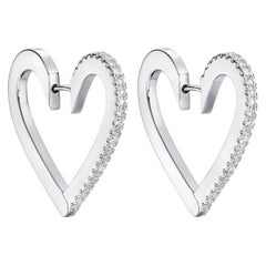 Heart Shaped Hoop Earrings, 18 Karat White Gold and White Diamonds, Medium