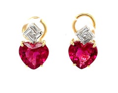 Heart Shaped, Hot Pink Rubellite Tourmaline and Diamond Earrings in 18k Gold