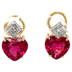 Heart Shaped, Hot Pink Rubellite Tourmaline and Diamond Earrings in 18k Gold