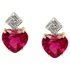 Heart Shaped, Hot Pink Rubellite Tourmaline and Diamond Earrings in 18k Gold