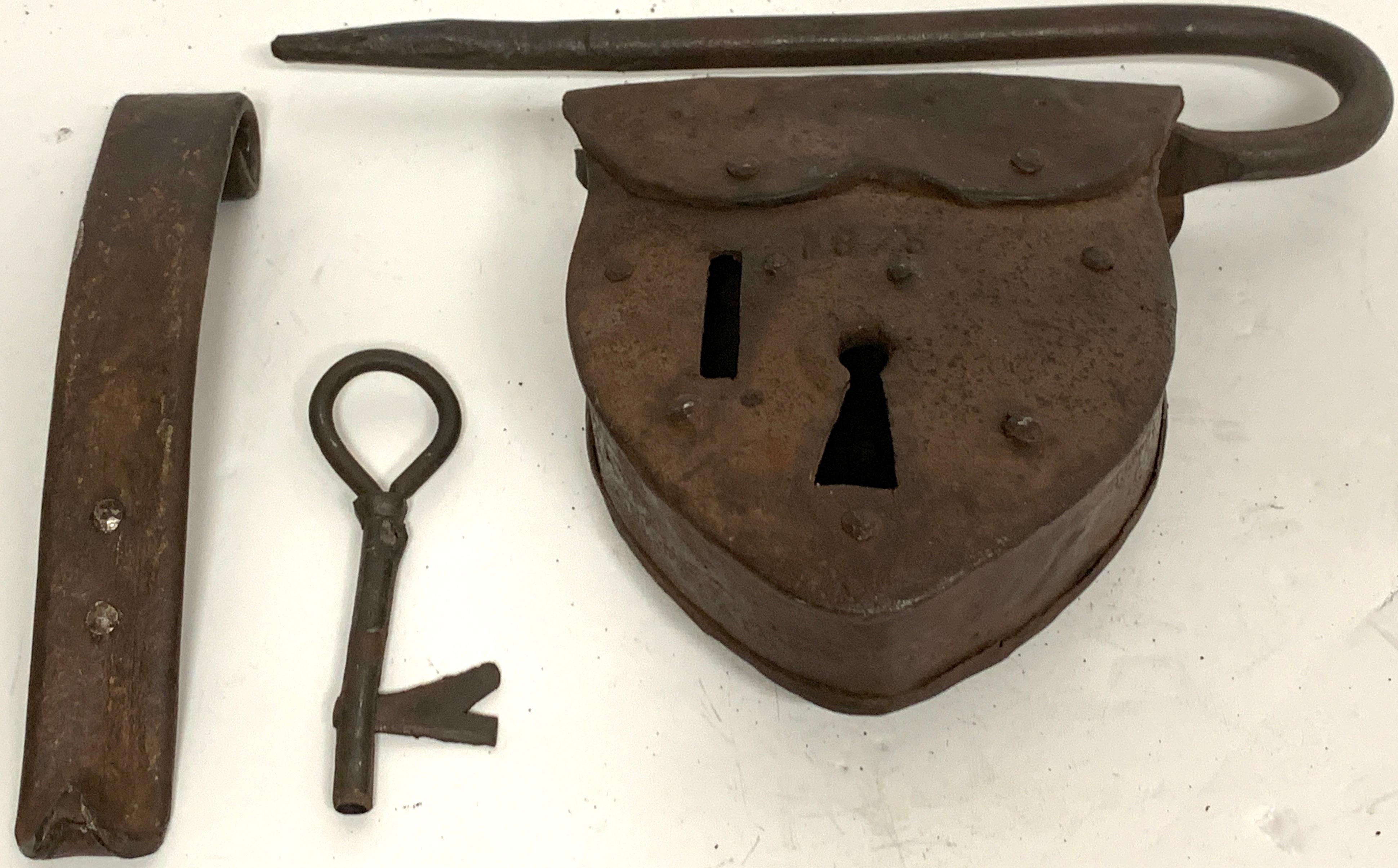 Wrought Iron Heart Shaped Iron Pad Lock & Key, Dated 1875