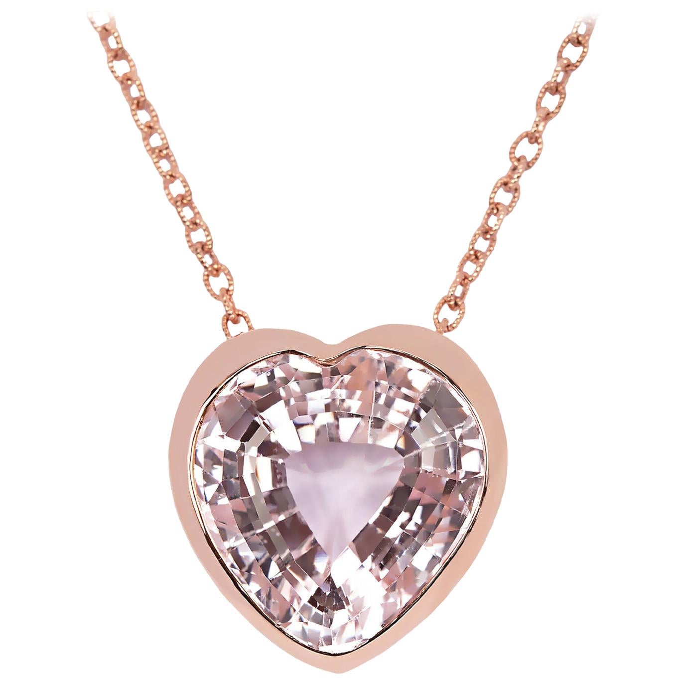 Heart Shaped Kunzite 30.86 Carat Rose Gold Necklace