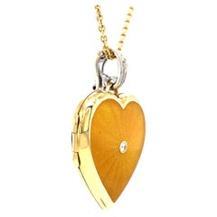 Heart Locket Pendant 18k Yellow Gold White Gold Yellow Enamel 4 Diamonds 0.8 ct