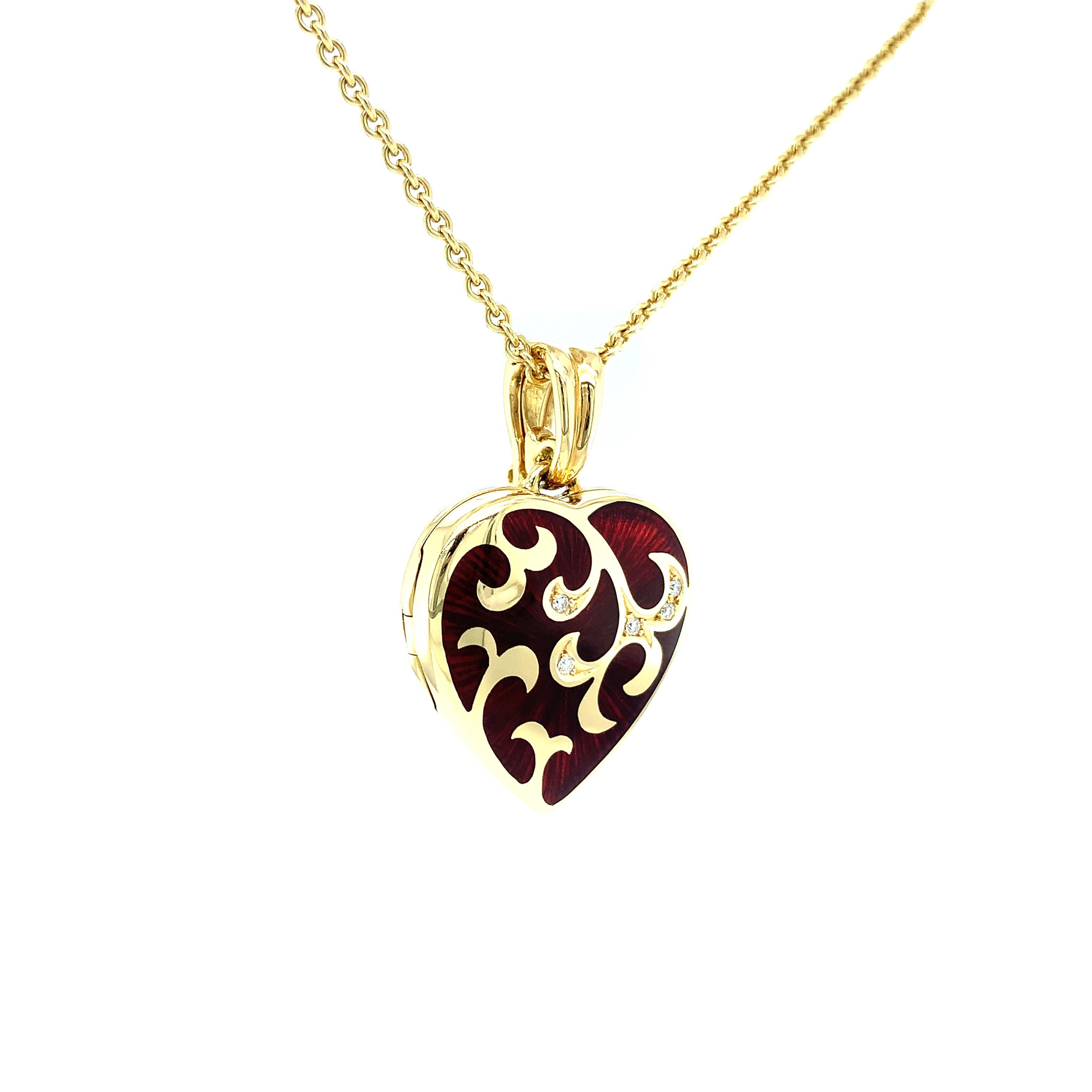 Heart shaped locket pendant, Hallmark Collection by VICTOR MAYER,  18k yellow gold, red vitreous enamel, 5 diamonds, total 0.05 ct, H VS, brilliant cut

About the creator Victor Mayer
Victor Mayer is internationally renowned for elegant timeless