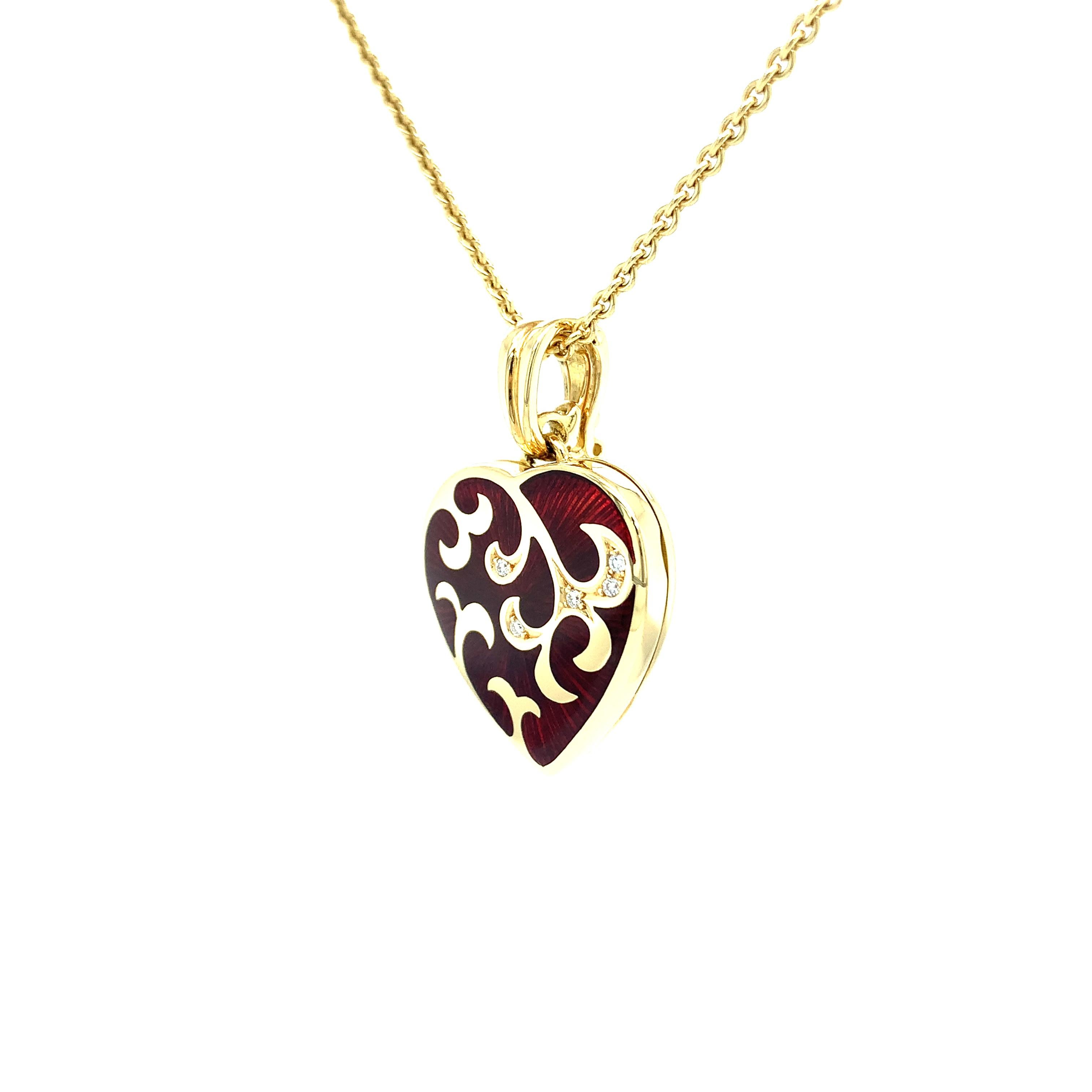 Baroque Revival Heart Shaped Locket Pendant 18k Yellow Gold Red Enamel 5 Diamonds 0.05ct H VS For Sale