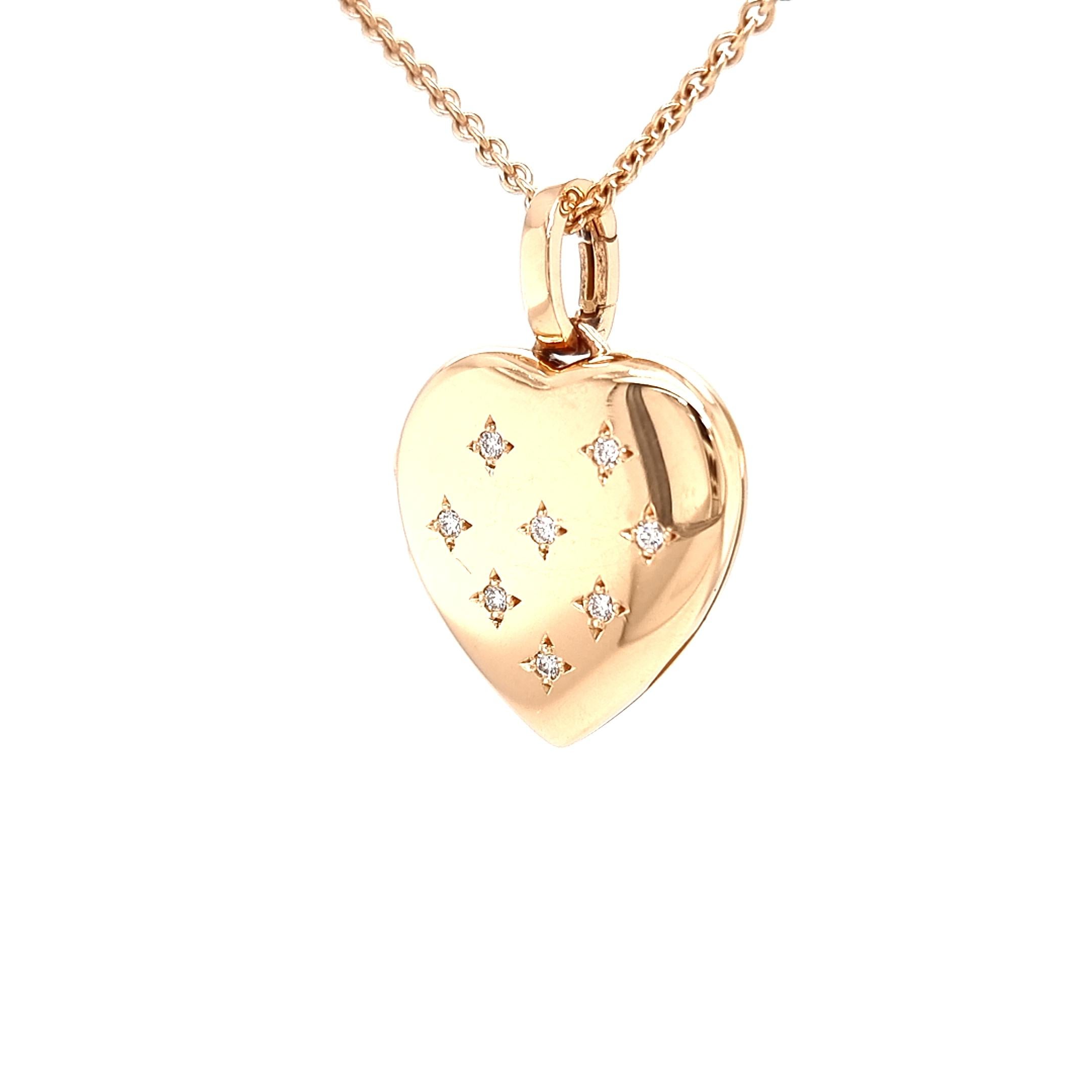 Brilliant Cut Heart Shaped Locket Pendant Necklace, 18k Rose Gold, 8 Diamonds 0.16ct For Sale