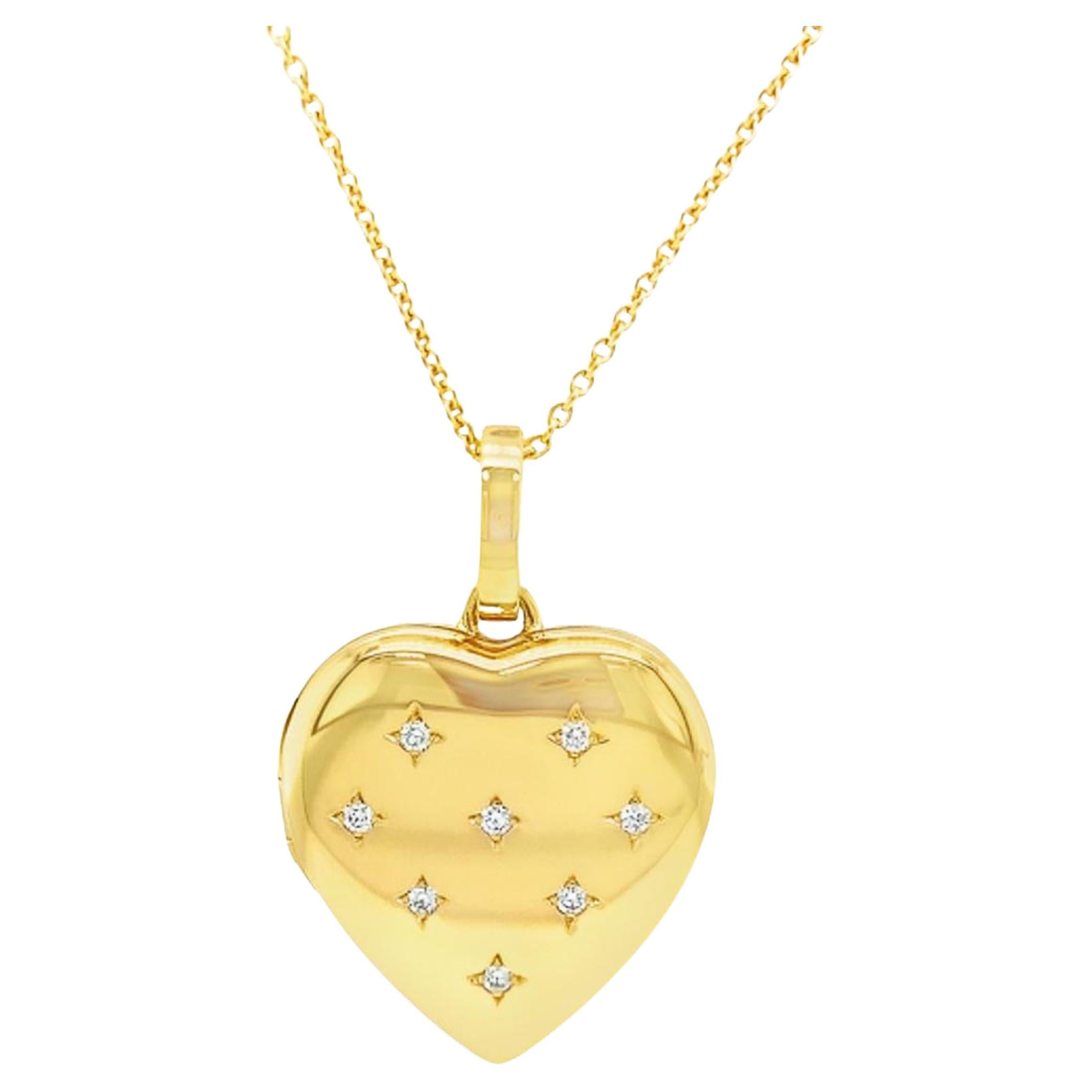 Collier pendentif médaillon en forme de cœur, or jaune 18 carats, 8 diamants 0,16 carat