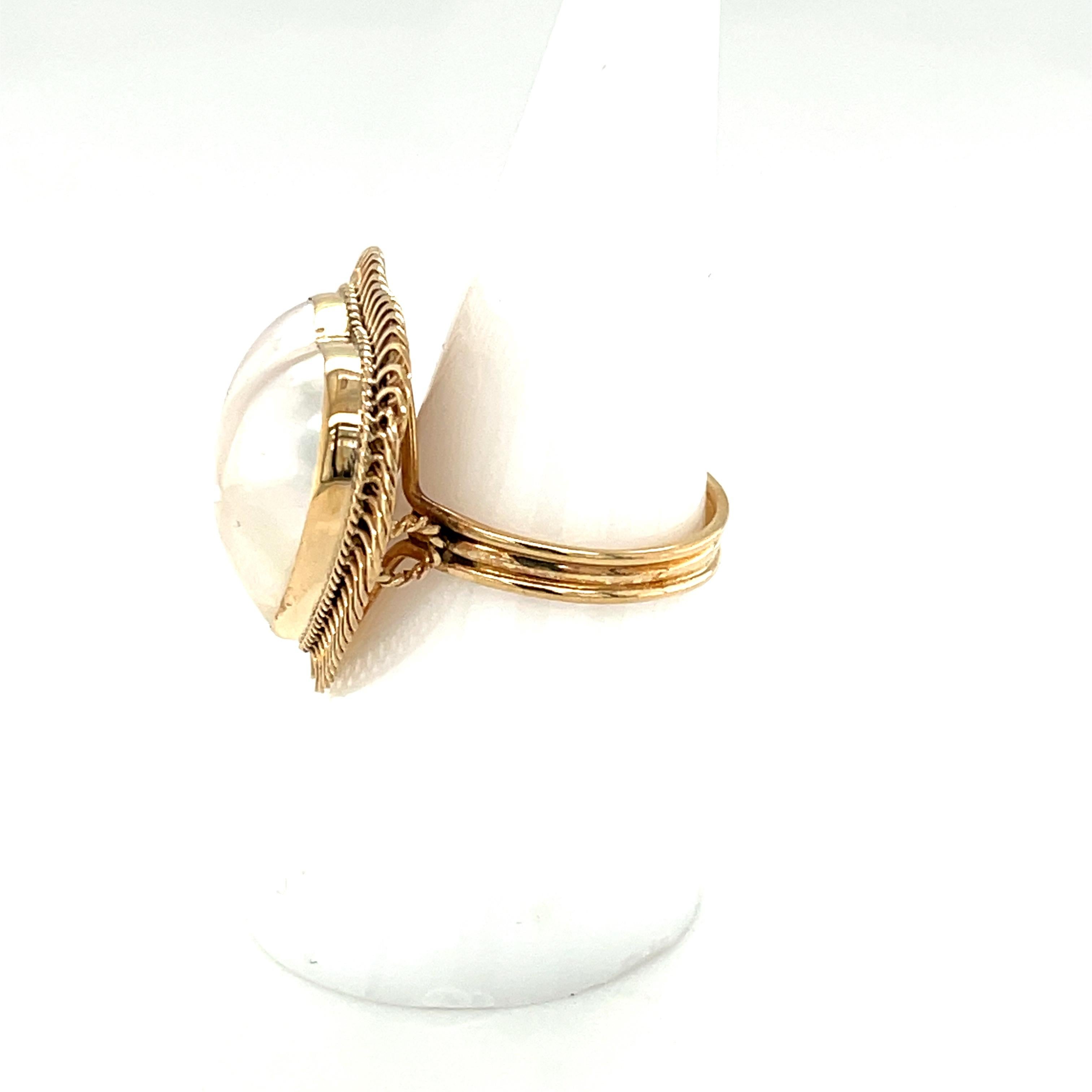 Heart Cut Heart Shaped Mabe Pearl Cocktail Ring with Yellow Gold Spiral Frame For Sale